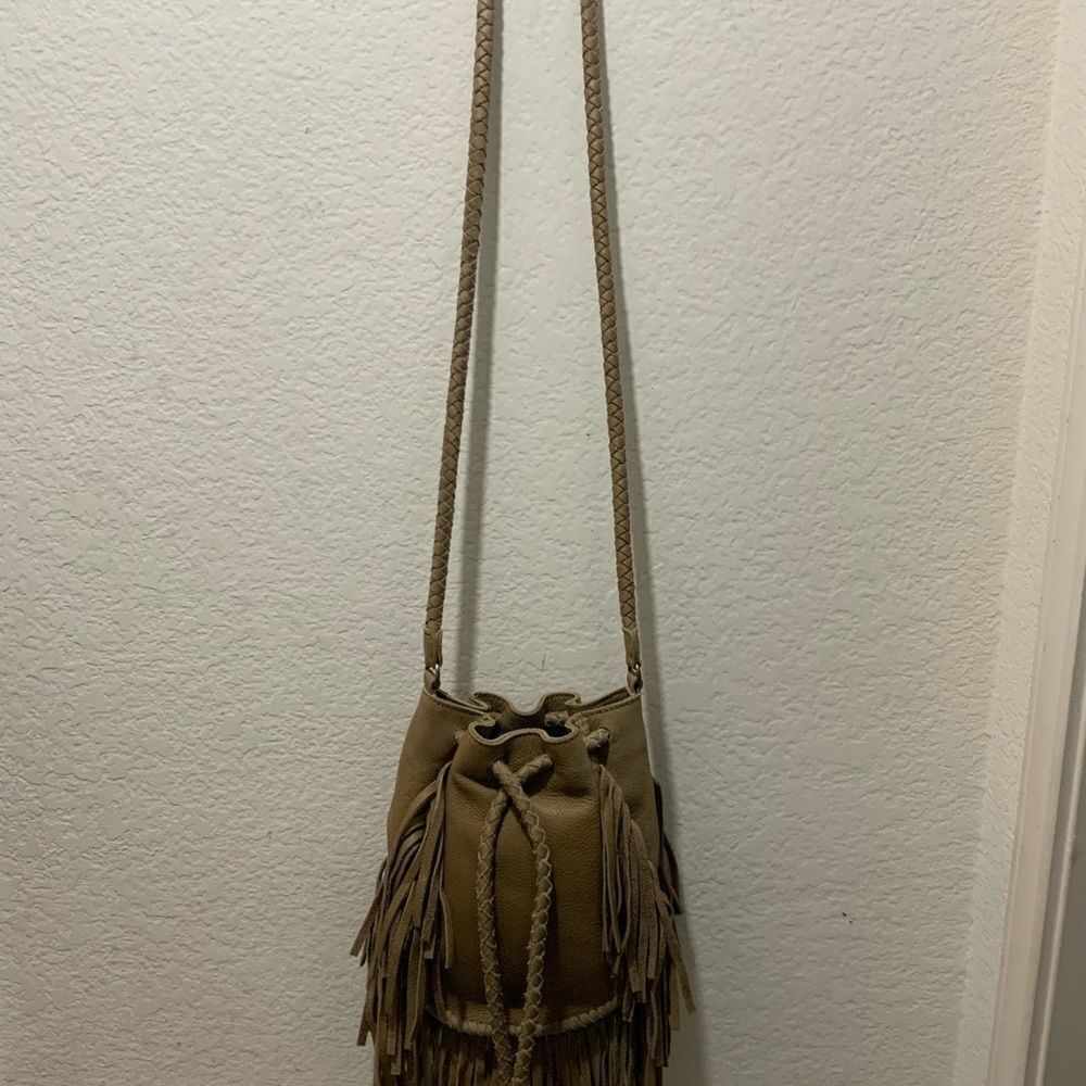 Cut N' Paste Women Gray Leather Drawstring braided fringes strap bag